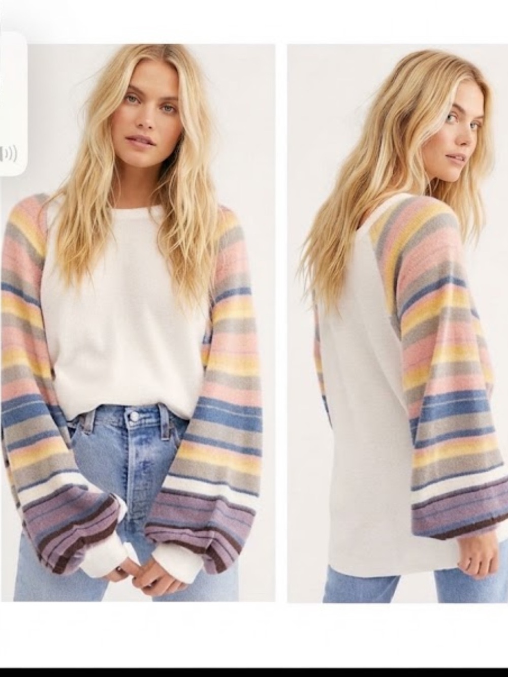 NEW Free People Rainbow Dreams Thermal Top with Pastel Striped Balloon Sleeves